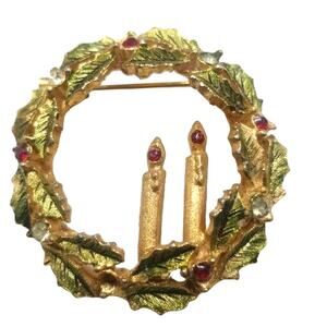 Vintage Brooch Christmas Wreath, Candles Pin Gold Tone Red Rhinestone, Gift Box